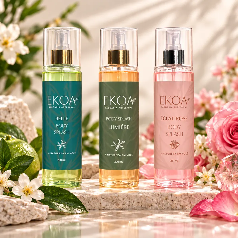 Três frascos de body splash EKOA da Coleção Perfumaria: Belle, Lumière e Éclat Rose, entre flores.