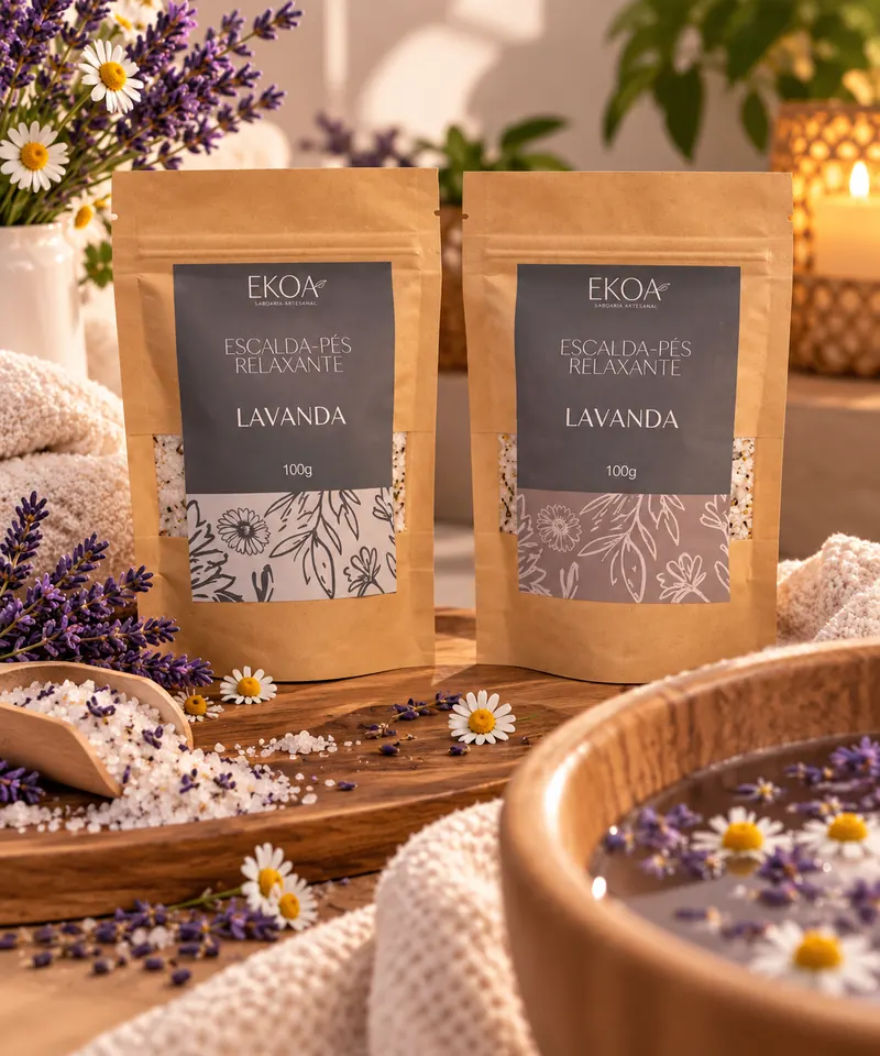 Dois sachês kraft de escalda-pés relaxante EKOA de lavanda, com bacia de madeira e flores.