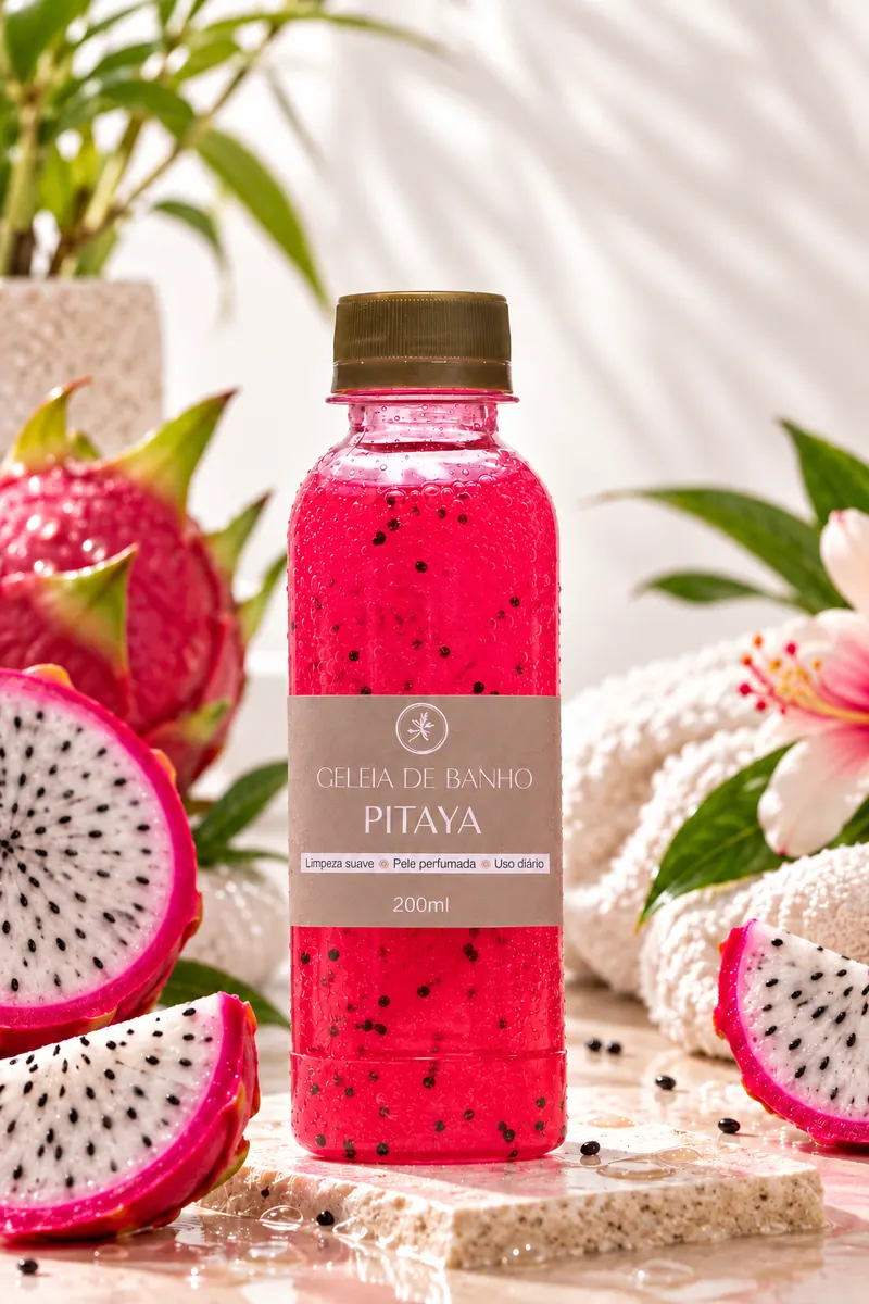 Geleia de banho EKOA de pitaya, rosa vibrante, ao lado de pitayas cortadas.