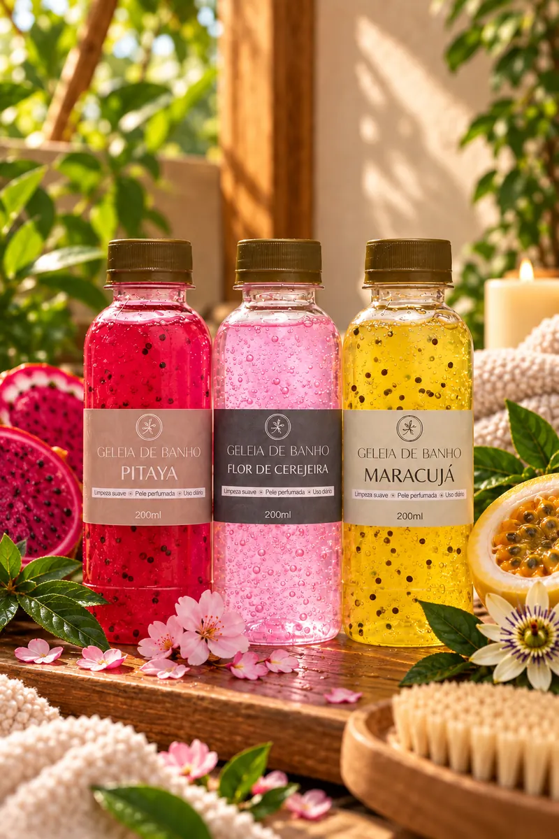 Kit Magia EKOA com três geleias de banho: pitaya, flor de cerejeira e maracujá.