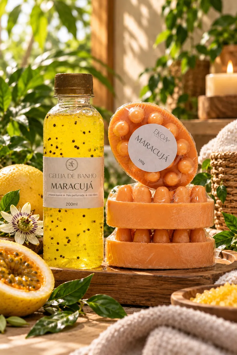 Kit Plenitude EKOA com sabonetes de maracujá e geleia de banho de maracujá.
