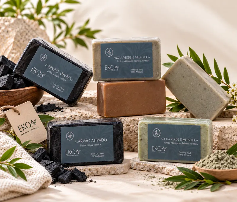 Sabonetes da Linha Botânica EKOA: carvão ativado, argila verde com melaleuca e outros, sobre pedras.