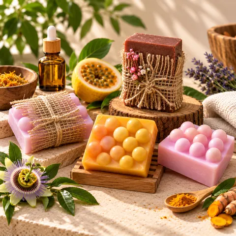 Sabonetes artesanais coloridos com maracujá, cúrcuma e lavanda.