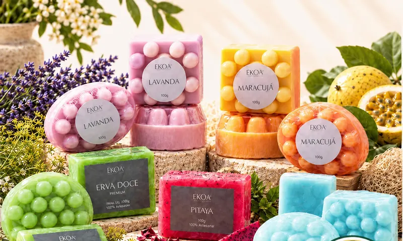 Sabonetes artesanais EKOA de erva-doce, pitaya, lavanda e maracujá, com flores e frutas.