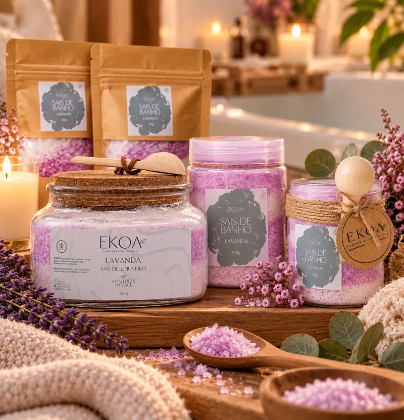 Potes e sachês de sal de chuveiro EKOA de lavanda, com cristais lilás em colher de madeira.
